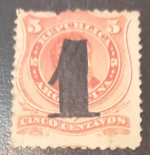 Hermoso Sello Bernardino Rivadavia Bermellón 1877 Próceres Provisorios Argentina Sobrecarga Negra
